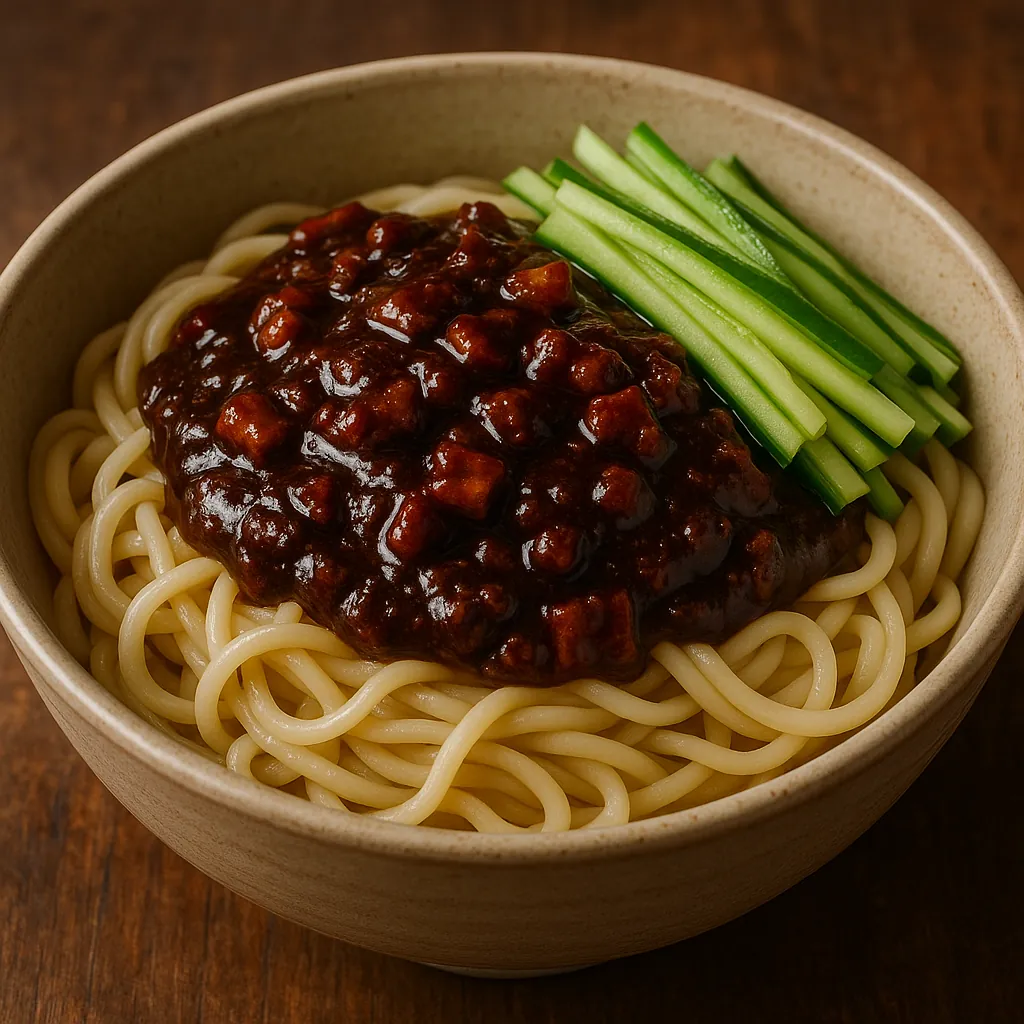 Enjoy an online jigsaw puzzle designed for browser play, featuring a delicious food scene of a steaming bowl of noodles topped with rich dark sauce and crisp gr