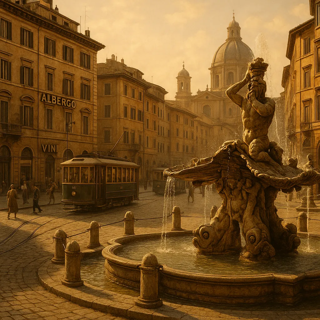 Discover a puzzle with a sunlit European piazza featuring a grand stone fountain crowned by a muscular statue, vintage tram cars gliding along cobbled streets,