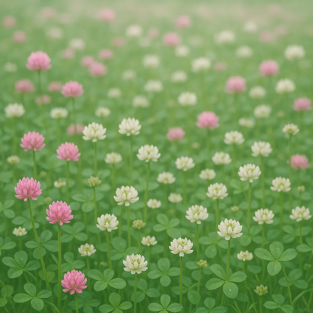 Discover a puzzle with a delicate clover field dotted in soft pink and creamy white blooms, where fresh green leaves and slender stems create a soothing, repeti