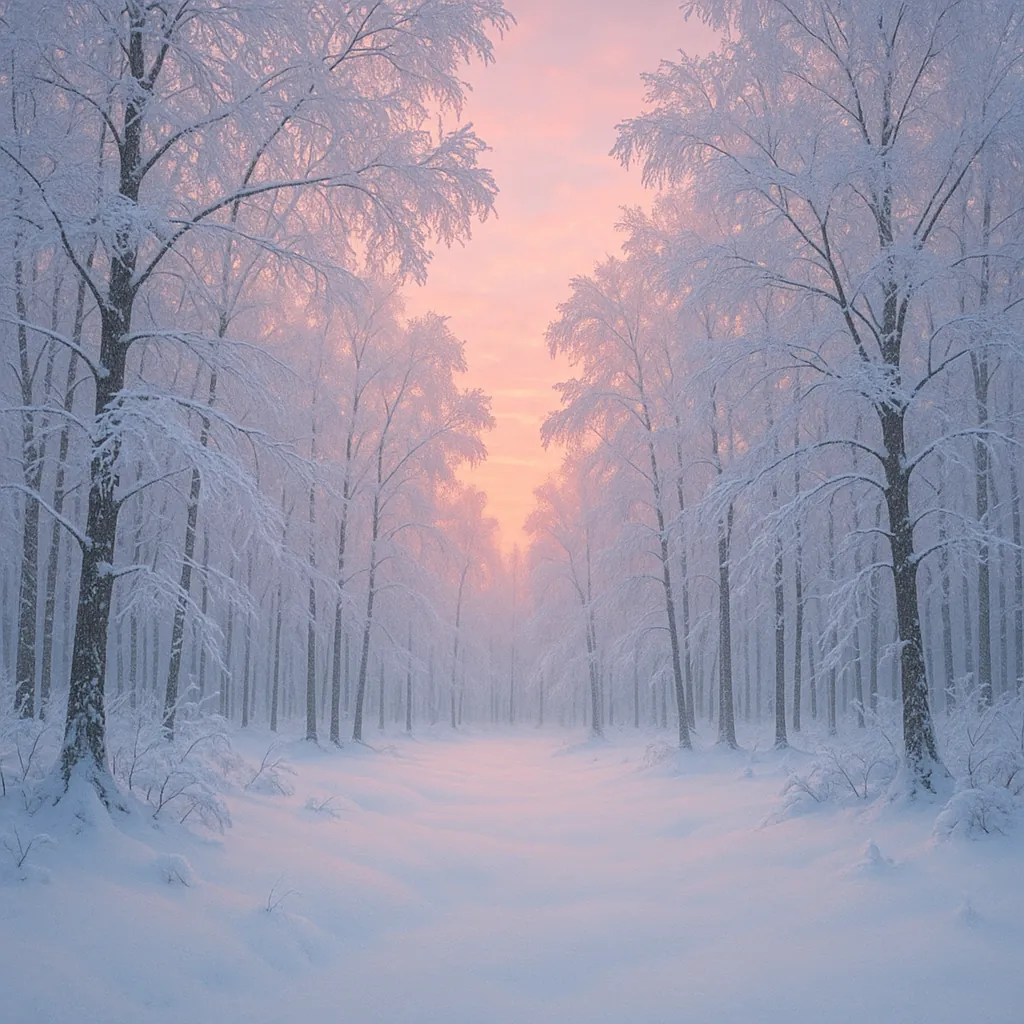 Discover a puzzle with a tranquil winter forest bathed in soft pink sunrise light, where tall, snow-laden birch trees form a peaceful avenue and powdery snow bl