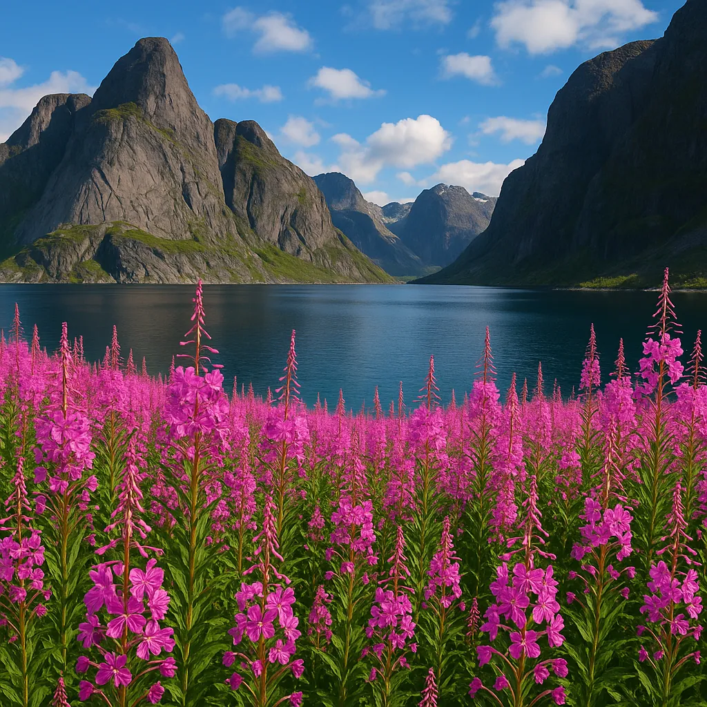 Discover a puzzle with a vibrant field of pink wildflowers in the foreground, a calm blue lake in the middle ground, and dramatic rocky mountains under a bright