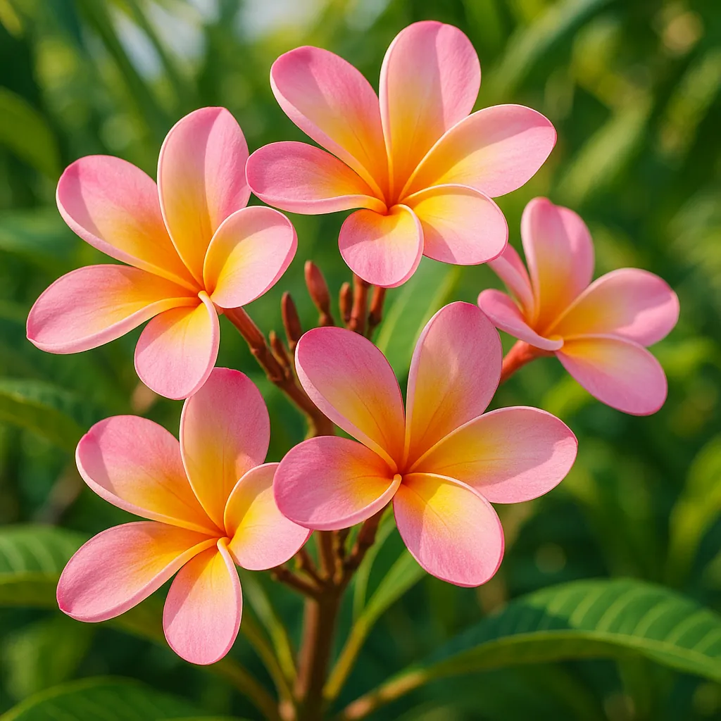 Discover a puzzle with a close-up of sunlit plumeria blossoms in soft pinks and warm golden yellows against a lush green background.