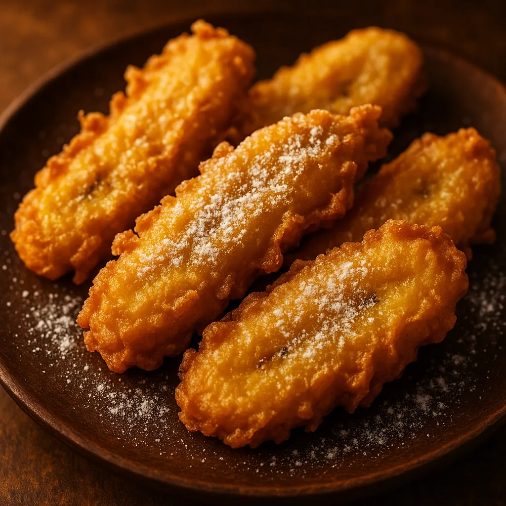 Discover a puzzle with a close-up of golden, crispy fritters dusted with powdered sugar arranged on a dark wooden plate — rich amber and caramel tones, warm hig