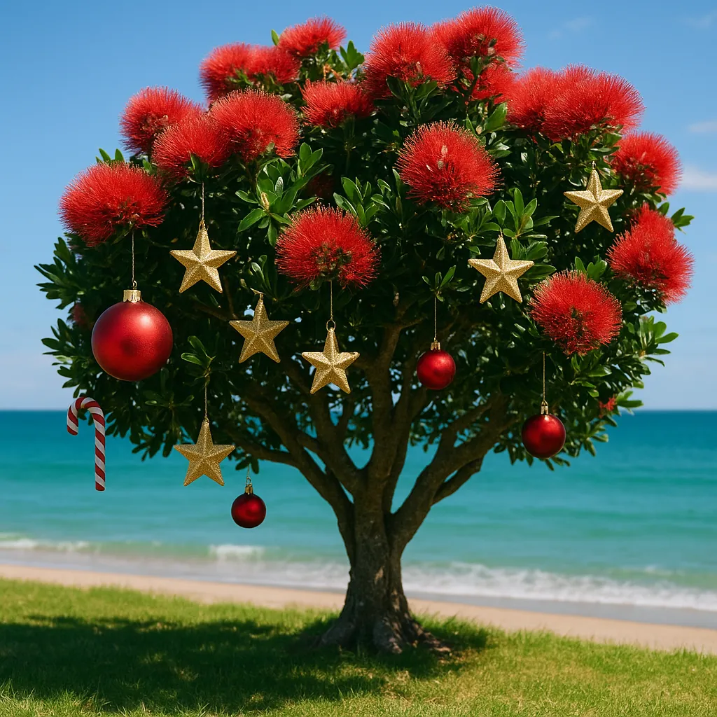 Discover a puzzle with a charming seaside tree dressed in festive red blooms and sparkling gold stars and baubles against a turquoise ocean and clear blue sky.
