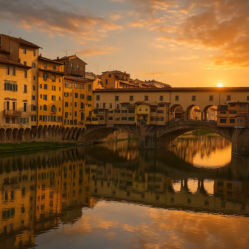 Discover a puzzle with a warm riverside scene showing a historic arched bridge lined with charming, golden-hued buildings reflected perfectly in calm water at s
