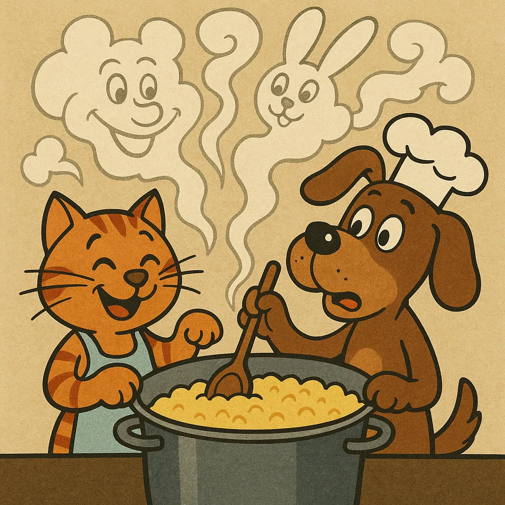 Discover a puzzle with an adorable cartoon cat and dog stirring a big pot together in a cozy kitchen scene.