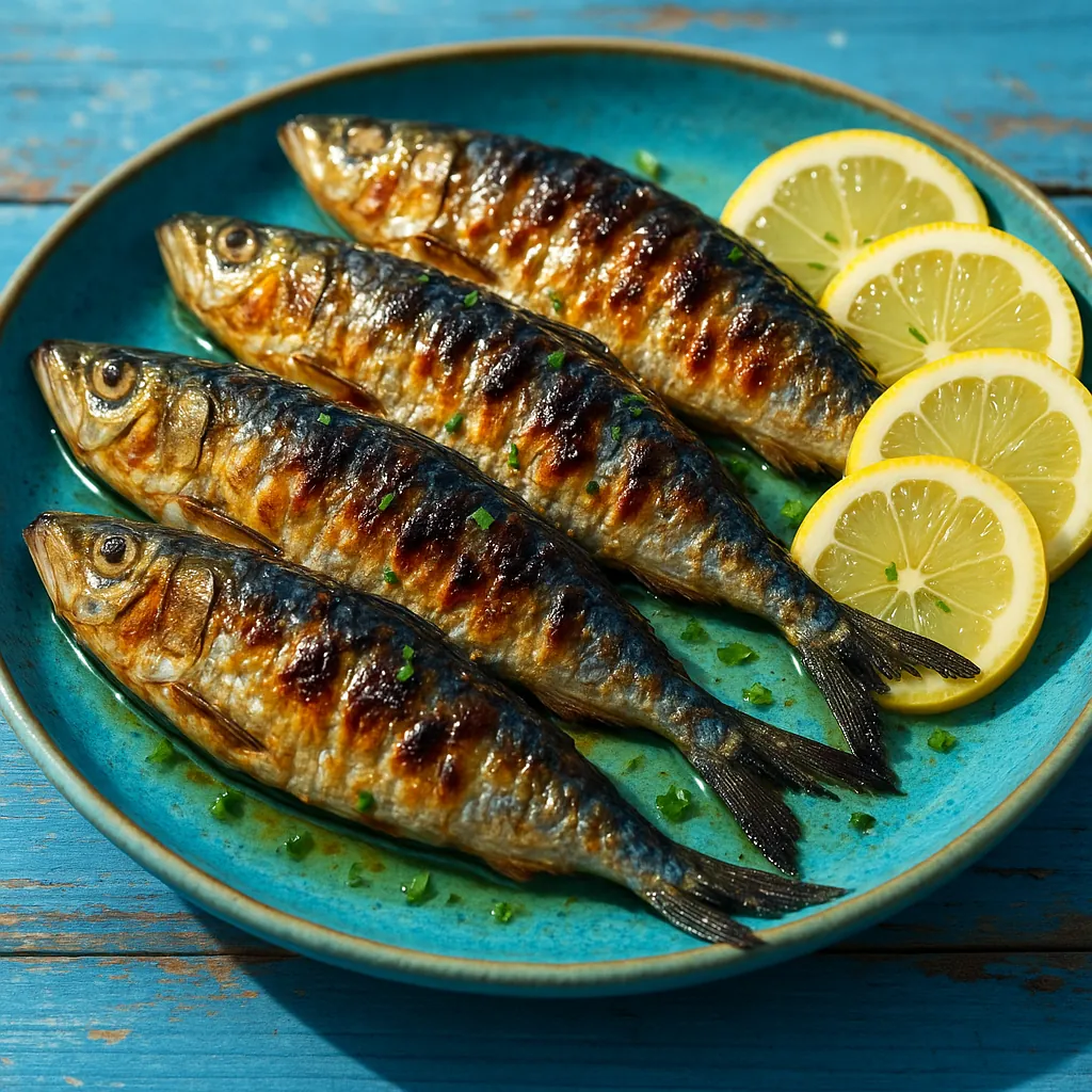 Enjoy an online jigsaw puzzle designed for browser play, featuring a close-up of delicious grilled sardines — a warm seafood theme perfect for food lovers.