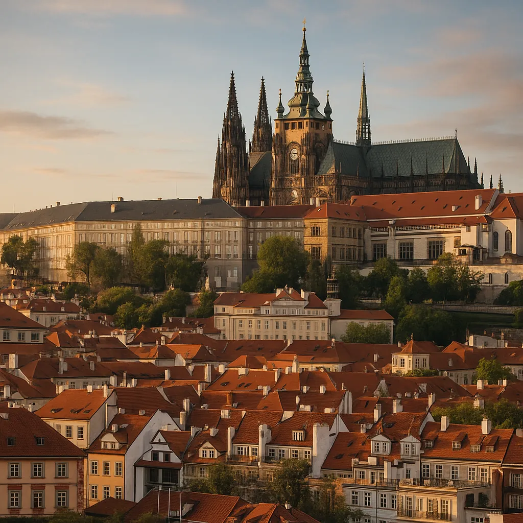 Discover a puzzle with a sunlit historic cityscape featuring terracotta rooftops cascading down toward a grand cathedral and castle complex rising above in warm