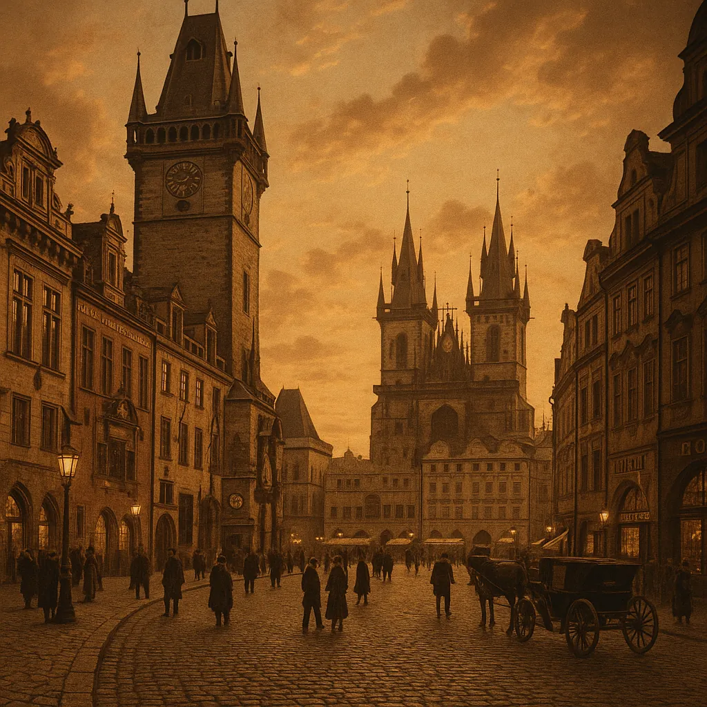 Discover a puzzle with a warm, sepia-toned scene of a historic city square, where a tall clock tower and twin-spired cathedral rise above rows of ornate buildin