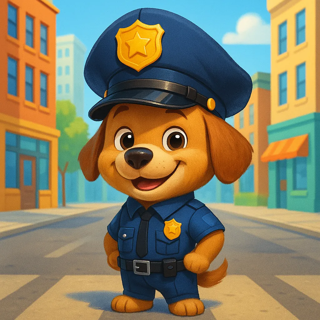 Enjoy assembling a puzzle depicting an adorable cartoon puppy dressed as a cheerful police officer standing on a sunny city street.