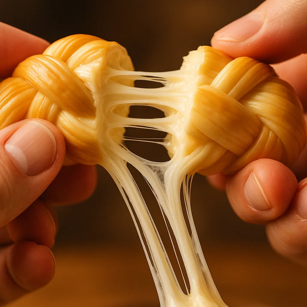 Enjoy assembling a puzzle depicting a close-up of braided, golden cheese being gently pulled apart, with silky, stretchy strands of melted interior glistening b