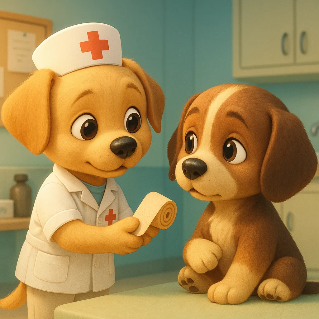 Enjoy an online jigsaw puzzle designed for browser play, featuring adorable animals in a sweet veterinary scene with two charming puppies.