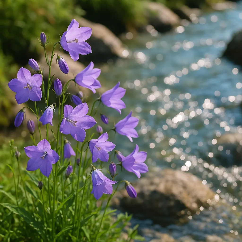 Discover a puzzle with delicate purple bellflowers clustered beside a sunlit stream.