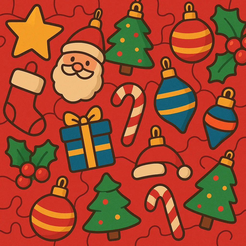 Play an online jigsaw puzzle in your browser that shows a cheerful Christmas pattern full of festive icons and holiday charm.