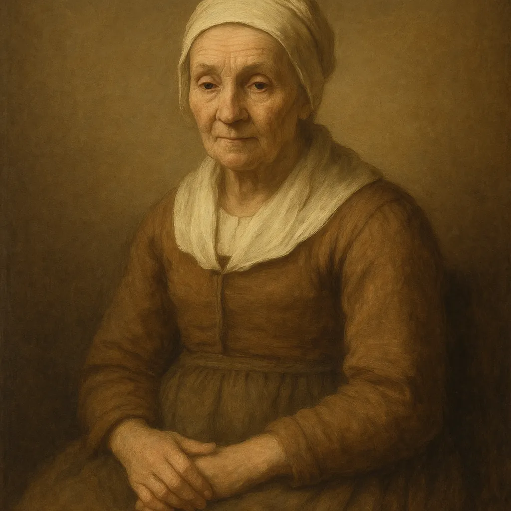 Enjoy assembling a puzzle depicting a quiet, classical portrait of an elderly woman in simple, vintage clothing.