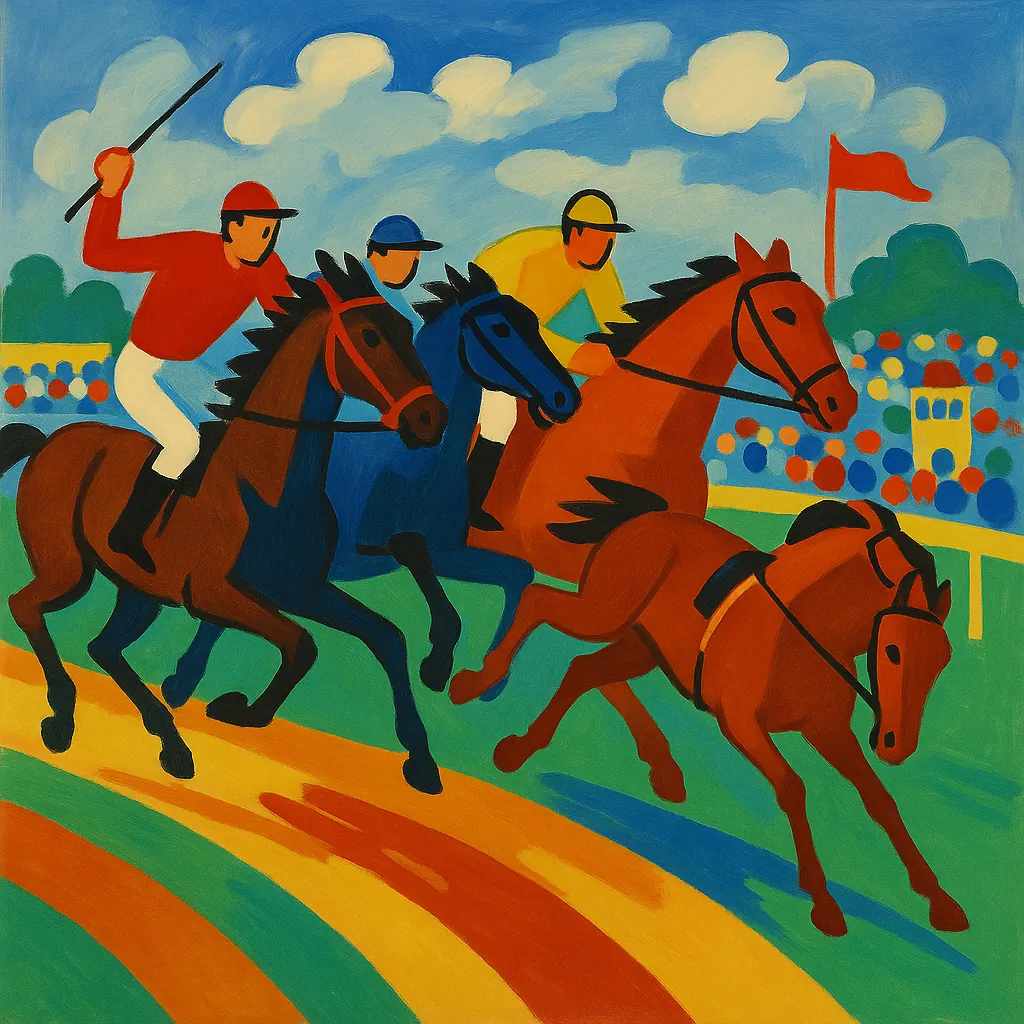 Discover a puzzle with a vibrant horse race rendered in bold, flat colors — three powerful horses and their jockeys in red, yellow, and blue sprint across a sty
