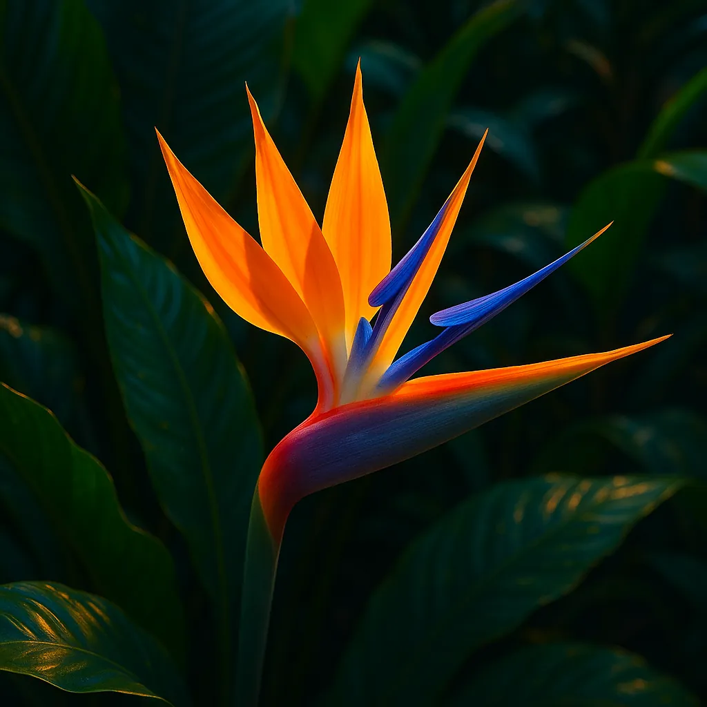 Discover a puzzle with a vibrant close-up of a tropical Bird of Paradise in rich orange and electric blue against deep, shadowy green leaves.