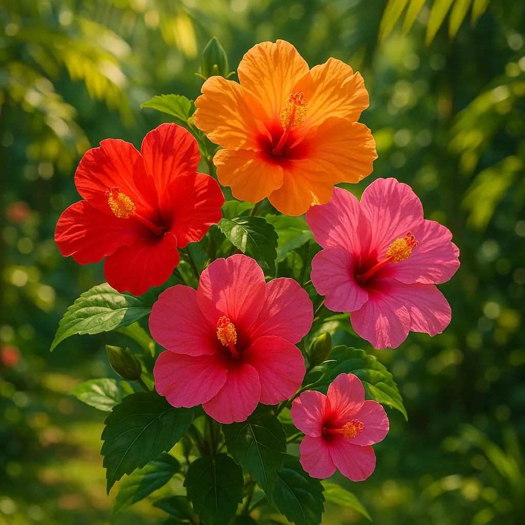 Discover a puzzle with a vibrant bouquet of hibiscus blooms in full sun — bold red, warm orange, and soft pink petals contrast beautifully against glossy green