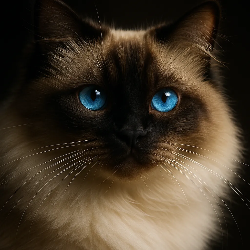 Discover a puzzle with an enchanting close-up of a long‑haired cat, its vivid sapphire-blue eyes set against a soft, cream-colored ruff and a deep, chocolatey f