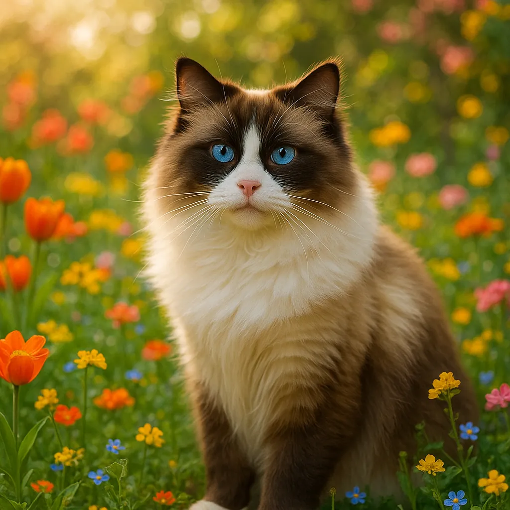Discover a puzzle with a fluffy blue-eyed cat sitting amid a sunlit spring meadow of colorful wildflowers.