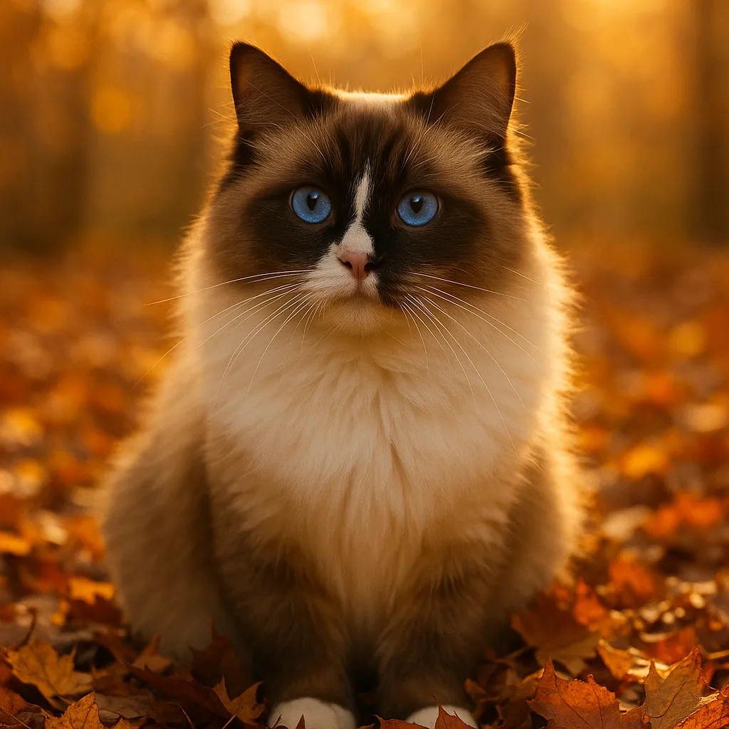 Discover a puzzle with a fluffy Ragdoll cat sitting amid golden autumn leaves, its striking blue eyes and soft cream-and-chocolate fur glowing in warm, late-aft