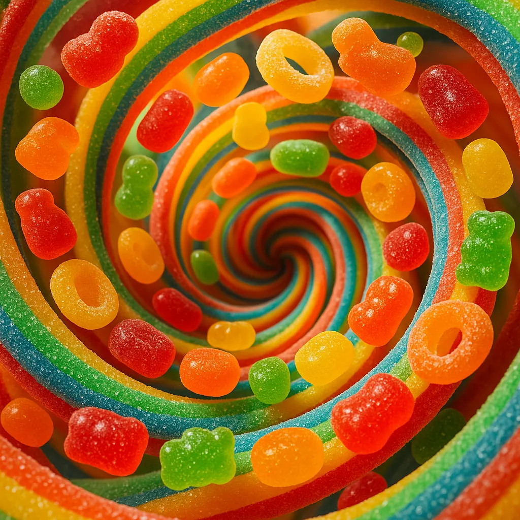 Enjoy an online jigsaw puzzle designed for browser play, featuring a vivid candy-themed close-up of rainbow sour belts and colorful gummy sweets.