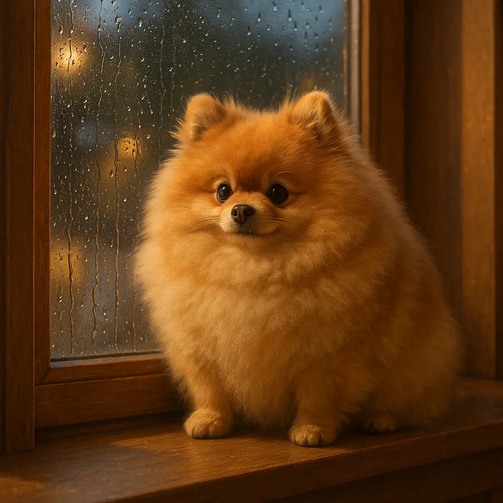 Discover a puzzle with an adorable fluffy Pomeranian sitting on a wooden windowsill, backlit by warm amber light and soft reflections on rain-speckled glass.