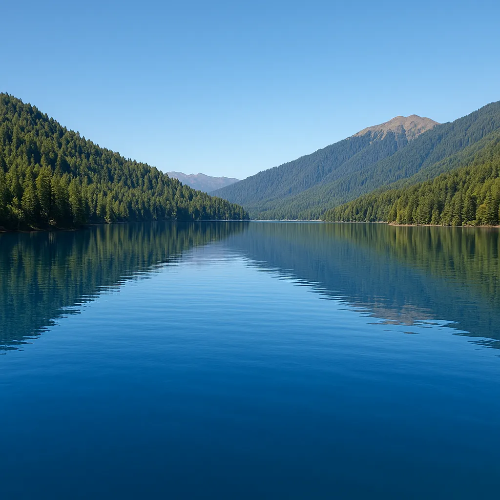 Discover a puzzle with a tranquil mountain lake framed by forested slopes and distant peaks.