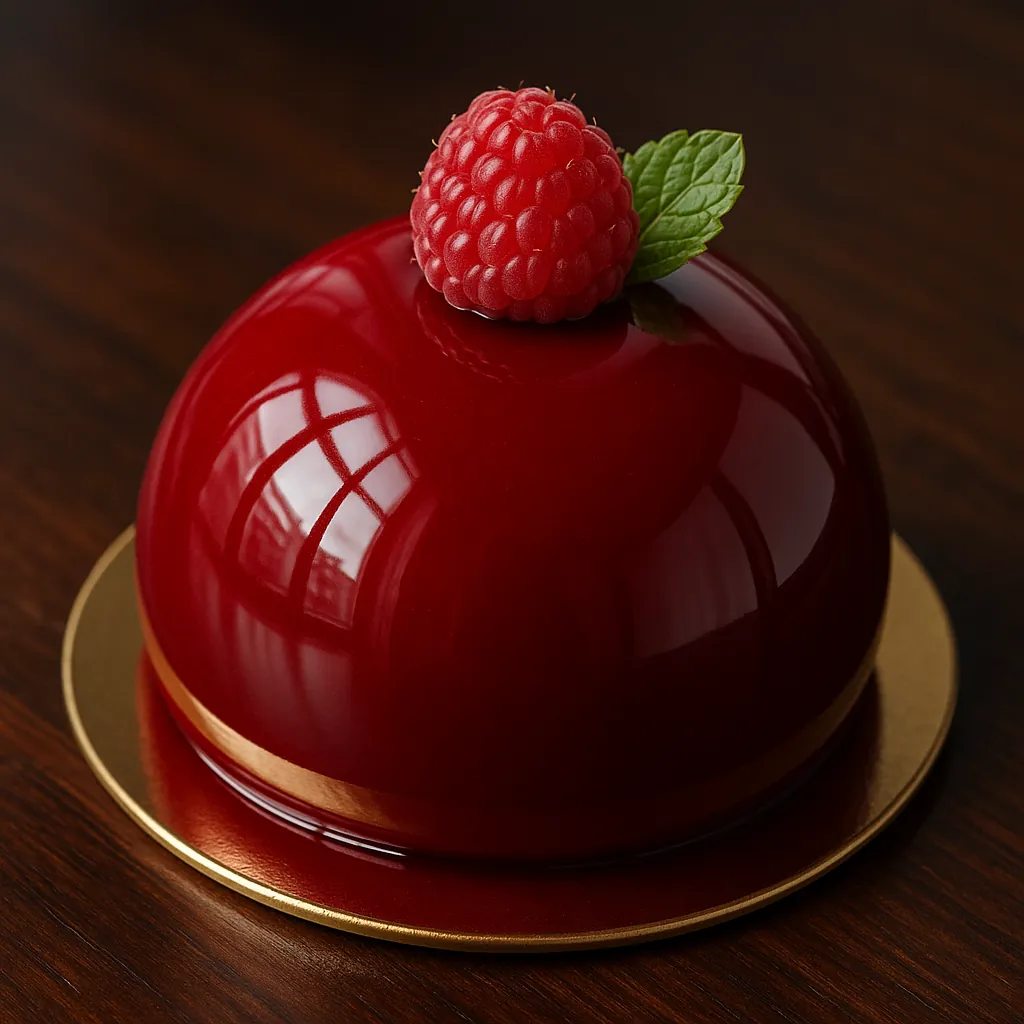 Discover a puzzle with a glossy ruby-red mousse dome topped by a single ripe raspberry and a fresh mint leaf, set on a warm wooden table with a subtle gold base