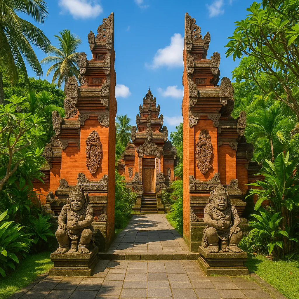 Discover a puzzle with a sunlit Balinese temple gateway framed by lush tropical greenery and towering palm trees.