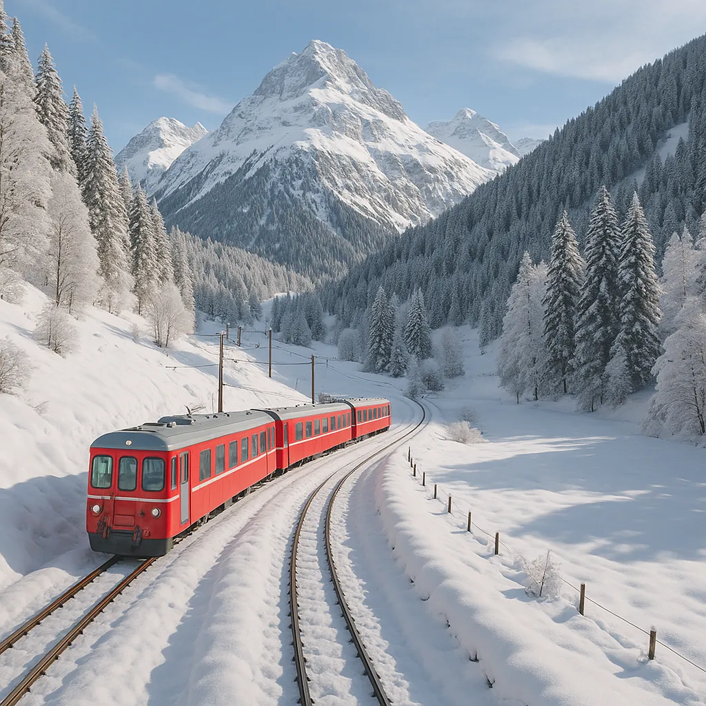 Discover a puzzle with a bright red train winding through a pristine alpine winter scene.