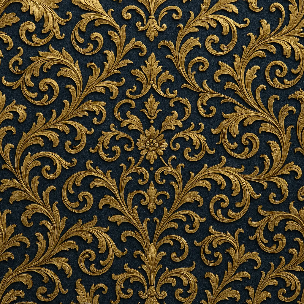 Enjoy assembling a puzzle depicting an ornate baroque gold floral ornament set against a deep, textured dark background.