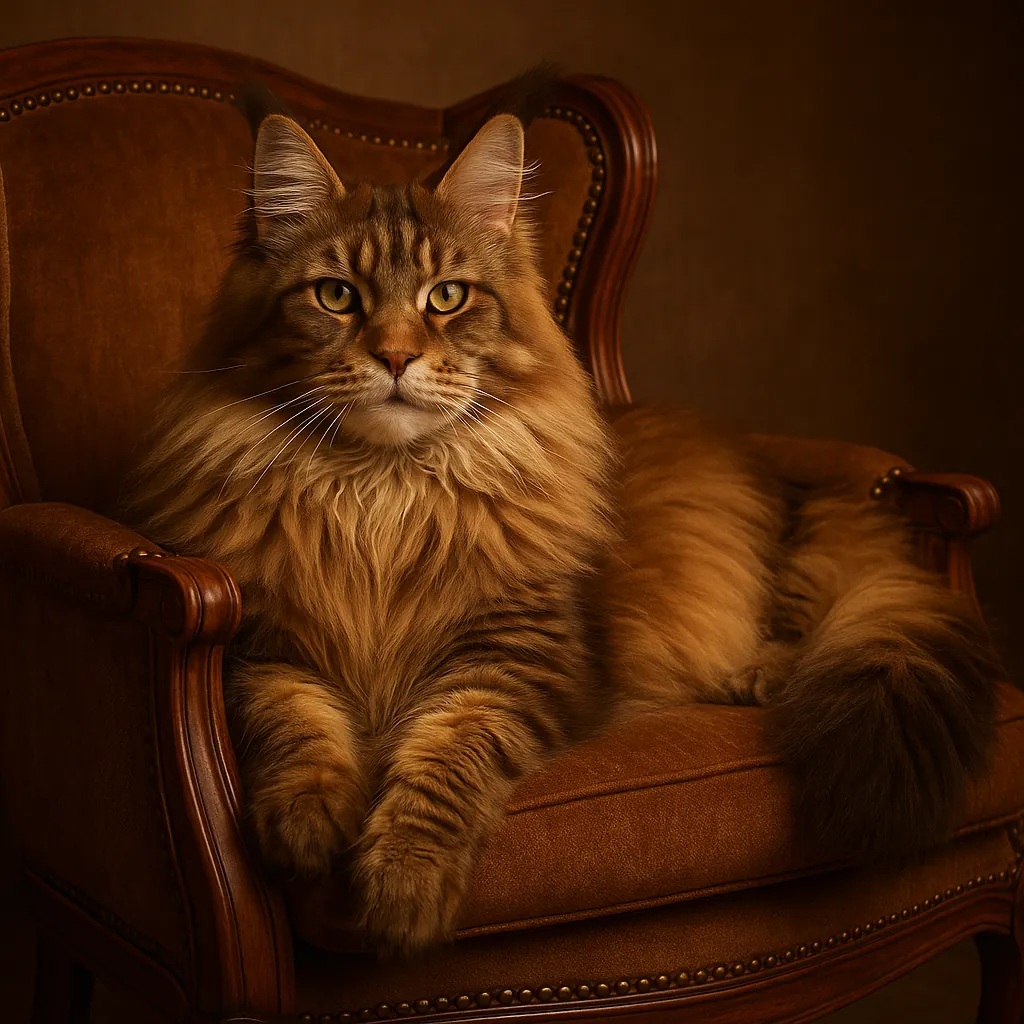 Discover a puzzle with a regal, fluffy ginger cat lounging on a vintage upholstered armchair in warm, golden-brown tones.