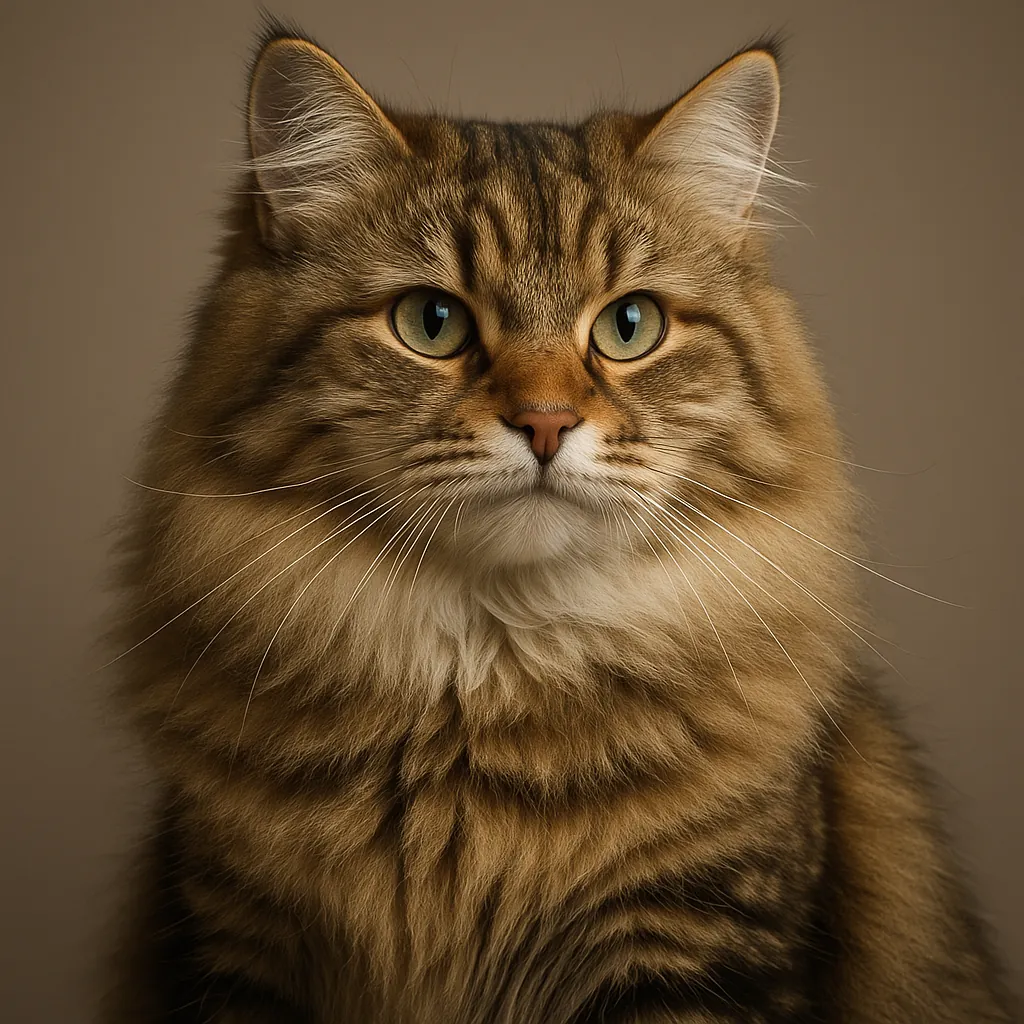 Discover a puzzle with a regal, fluffy tabby cat gazing softly forward against a warm, neutral background.