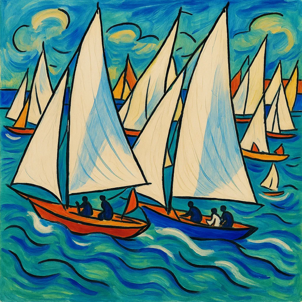 Discover a puzzle with a vibrant regatta scene: bold sailboats glide across swirling turquoise and cobalt waves under a bright sky.