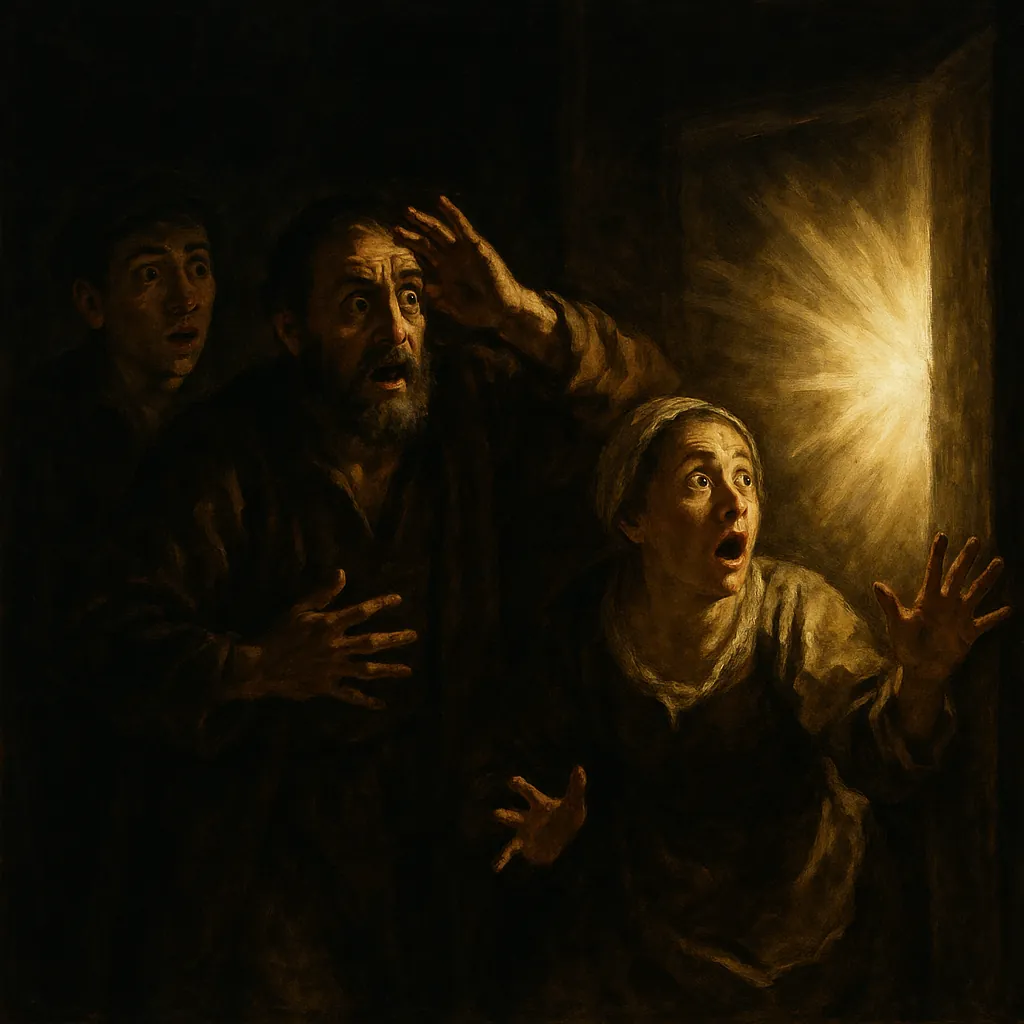 Discover a puzzle featuring three startled figures bathed in warm, golden light spilling through a doorway, set against deep, velvety shadows.