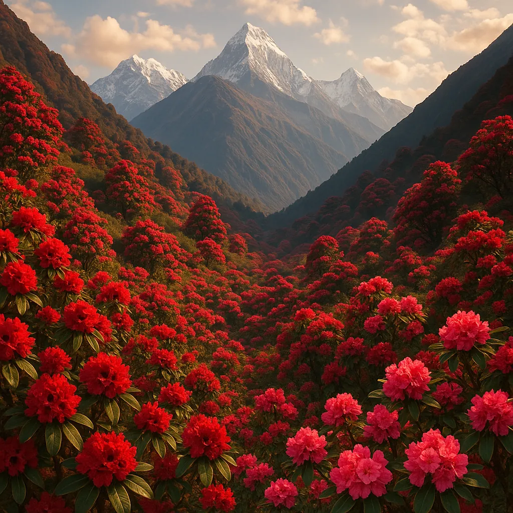 Discover a puzzle with a breathtaking mountain valley carpeted in vibrant red rhododendrons leading toward snow-capped peaks under a warm, golden sky.