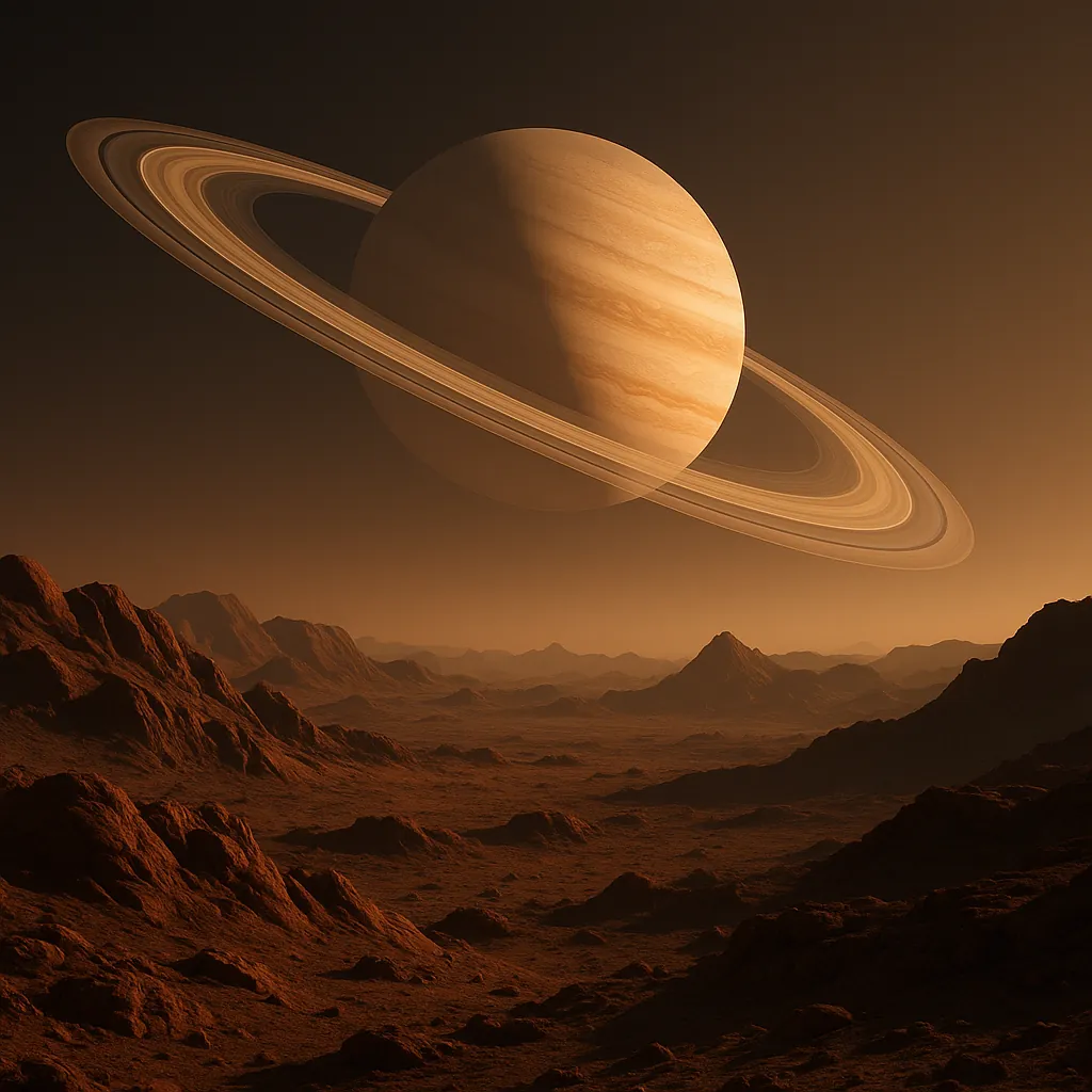 Enjoy an online jigsaw puzzle designed for browser play, featuring a dramatic space scene of a ringed planet looming above an alien, rocky plain.