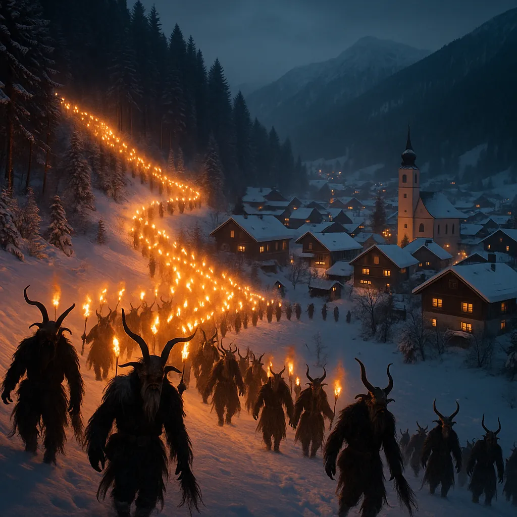 Discover a puzzle with a moonlit winter village lit by warm torchlight as a winding procession of horned, fur‑clad figures crosses a snow‑covered hillside towar