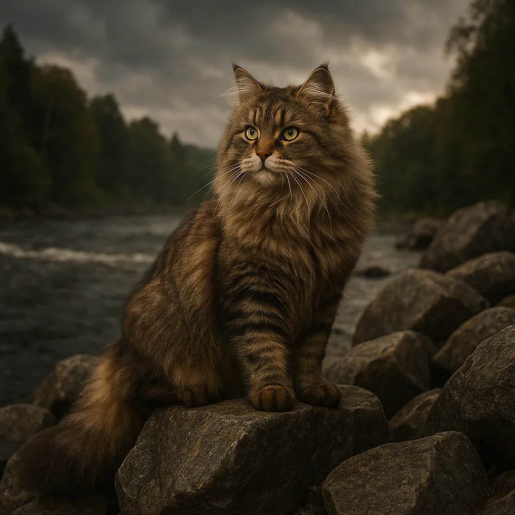 Discover a puzzle with a majestic long-haired tabby cat perched on smooth river rocks beside a gently flowing stream, captured under a moody, cloud-swept sky.