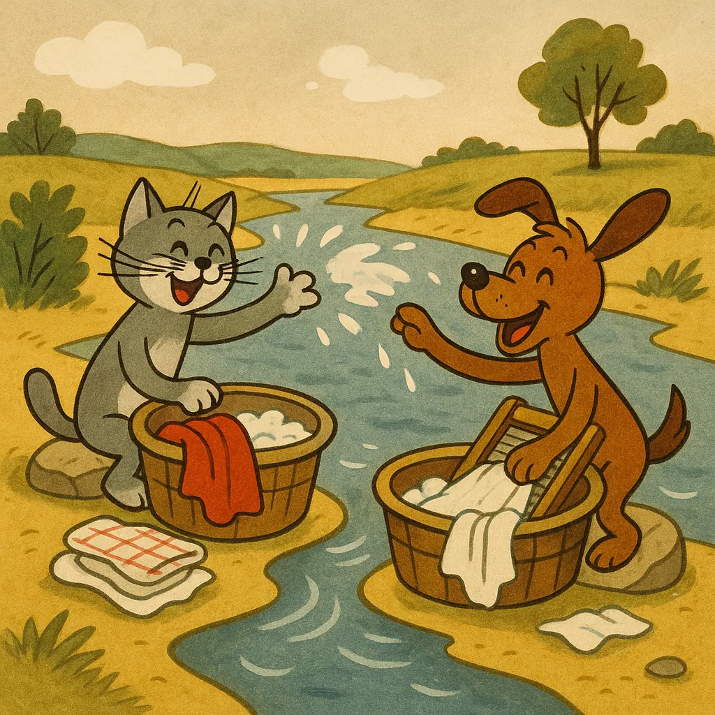 Discover a puzzle with a charming vintage-style illustration of a happy cat and dog washing clothes by a gentle river — playful characters, splashy motion, and