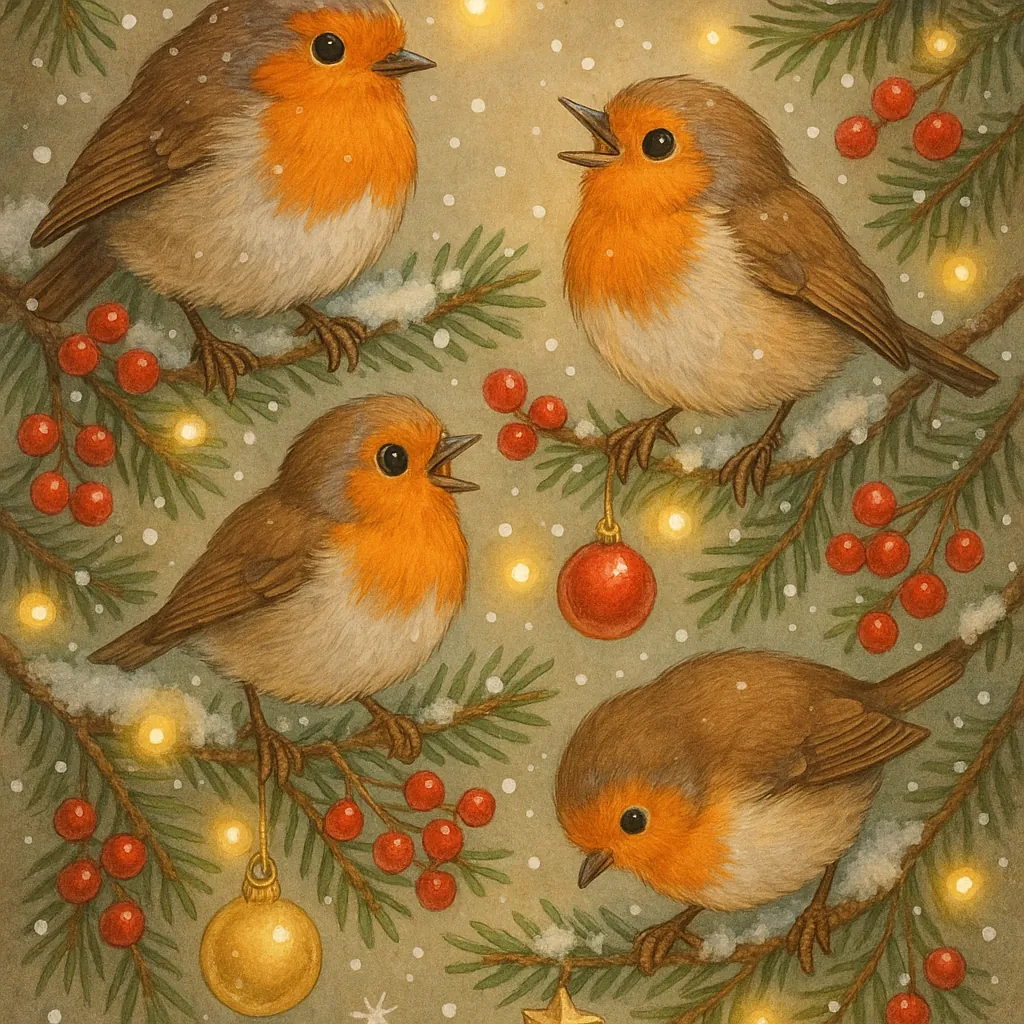 Enjoy an online jigsaw puzzle designed for browser play, featuring a charming winter wildlife scene of robins and festive evergreens.