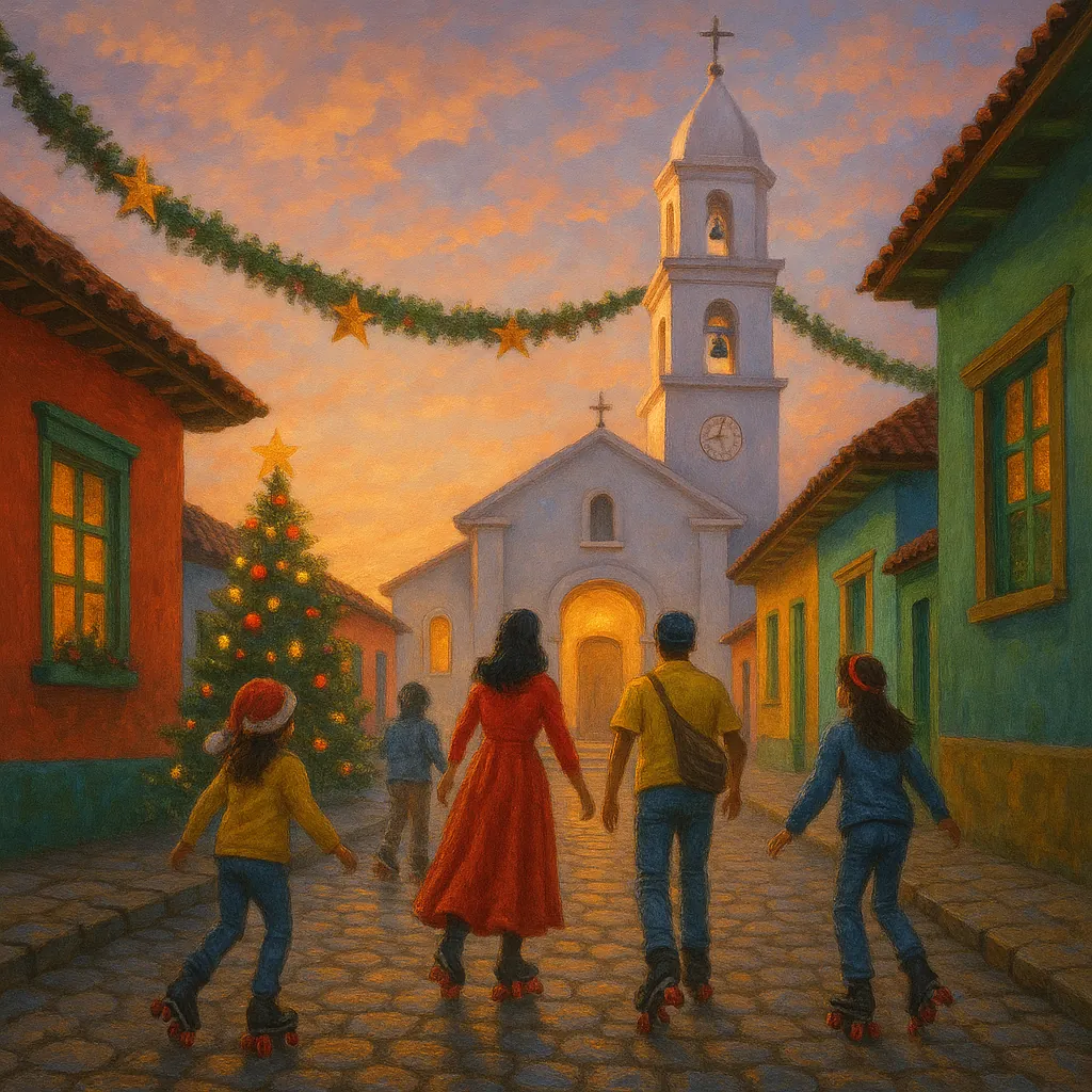 Enjoy assembling a puzzle depicting a cozy festive village at sunset, where a warm golden sky washes over a white church with bell tower and clock, garlands of