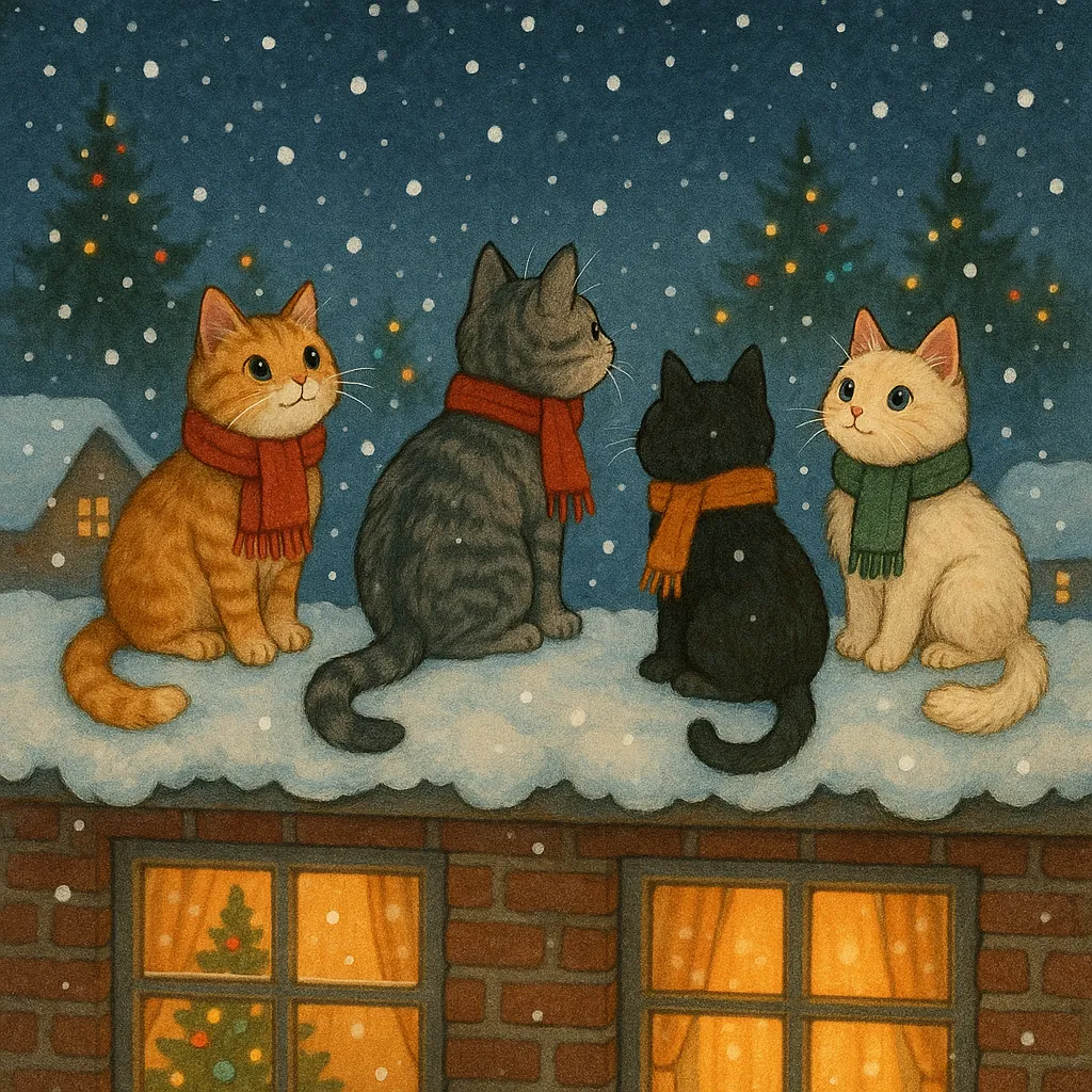 This online jigsaw puzzle features a cozy holiday scene of four scarves-wearing cats perched on a snowy rooftop, perfect for animal and seasonal puzzle lovers.