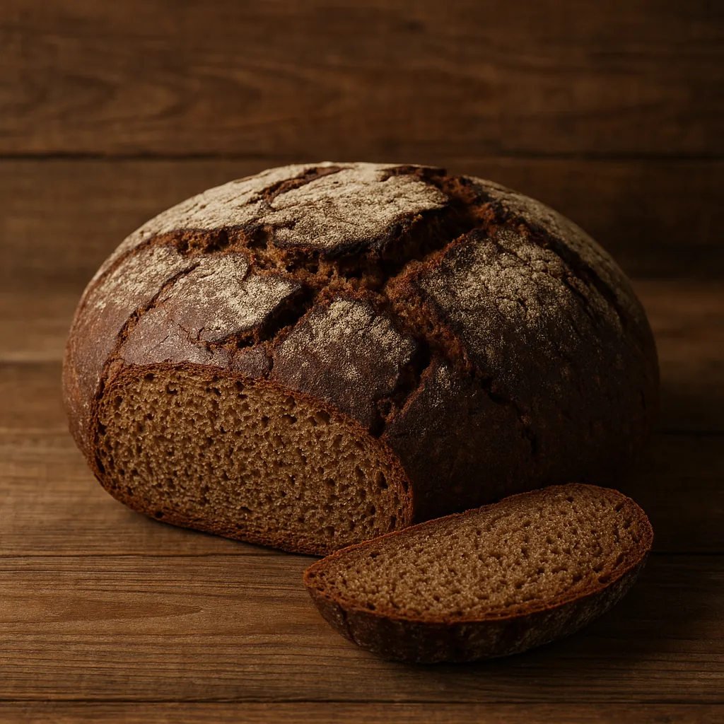 Try solving a puzzle that shows a rustic round loaf of dark artisan bread with a single sliced piece resting on a wooden table.