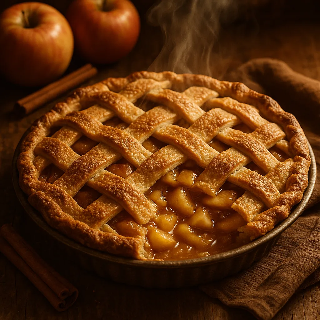 Enjoy assembling a puzzle depicting a steaming homemade apple pie with a golden lattice crust — warm amber and cinnamon-brown tones fill the scene, with glossy