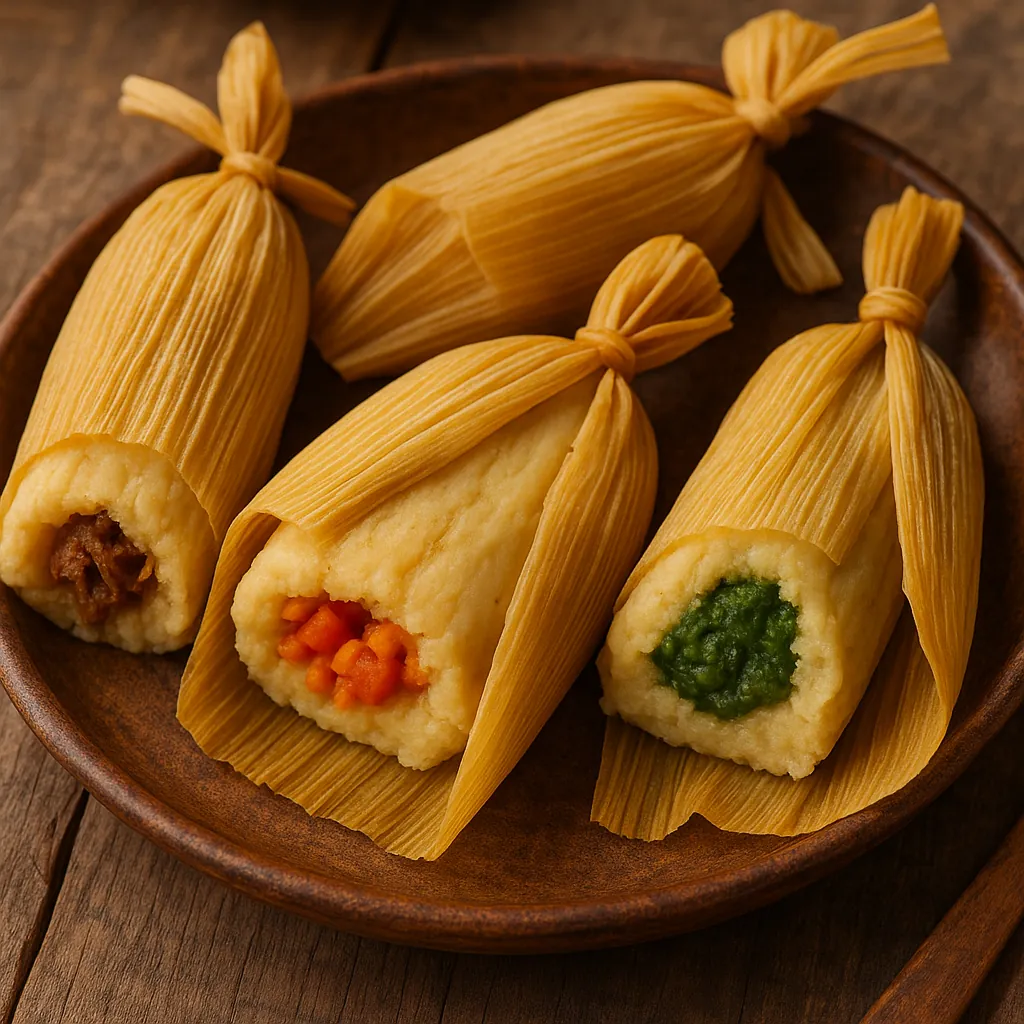 Discover a puzzle with a close-up of delicious tamales nestled on a rustic wooden plate, their golden corn husks tied neatly and creamy masa peeking out to reve