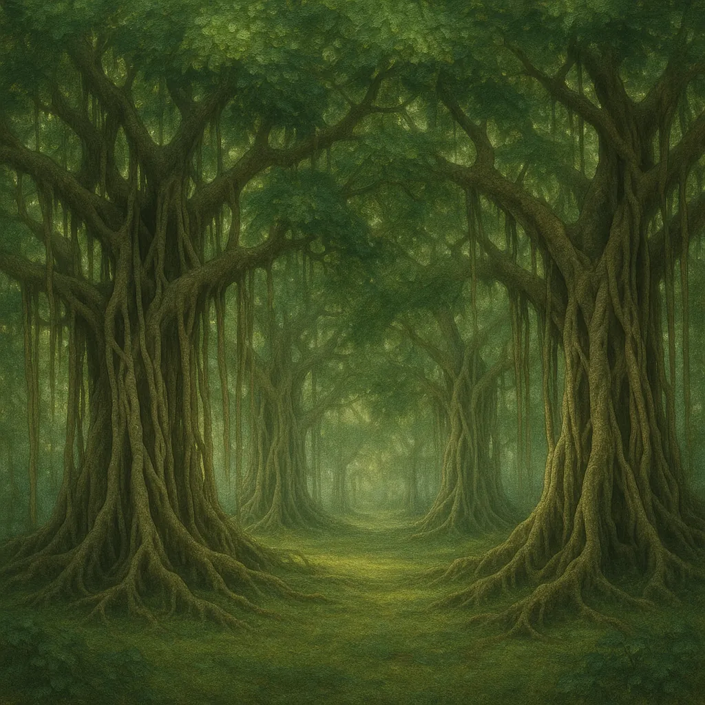 Discover a puzzle with an enchanted forest scene of towering, ancient trees whose knotted roots and draping vines form a verdant tunnel.