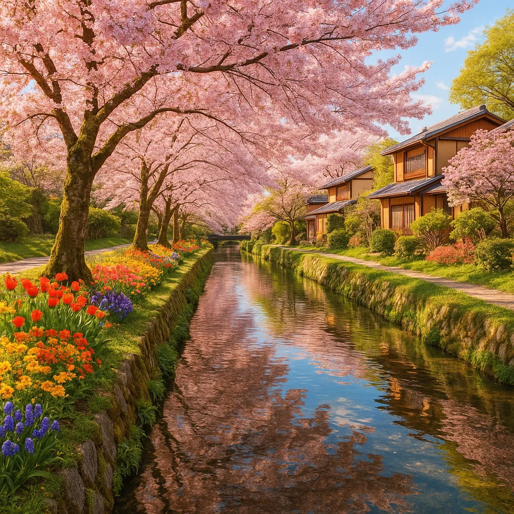 Discover a puzzle with a serene springtime canal lined by arching cherry blossom trees, traditional wooden houses, and vivid flower beds in pinks, reds, purples