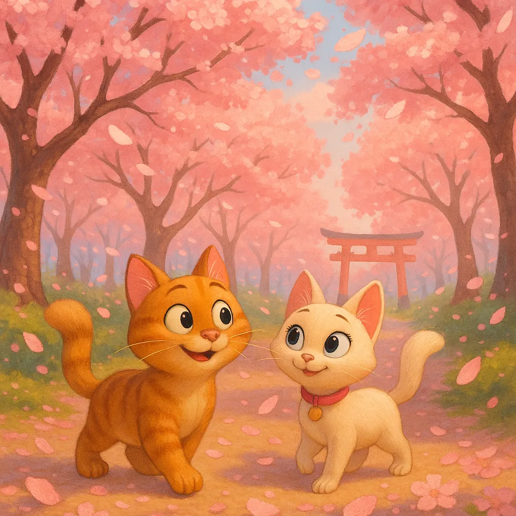 Enjoy assembling a puzzle depicting two adorable kittens strolling beneath a canopy of pink cherry blossoms with a distant torii gate framed by soft, pastel spr